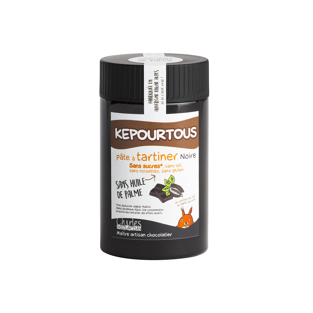 Pâte à tartiner Képourtous sans lait, sans noisettes, sans sucre. Chocolat noir